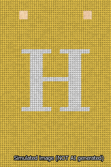 A simulated image of the stitched needlepoint design: Banner 13m Squared H White on Yellow. Not A.I. generated.