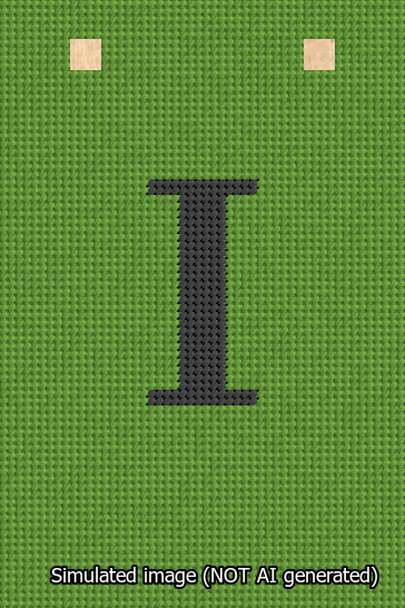 A simulated image of the stitched needlepoint design: Banner 13m Squared I Black on Light Green. Not A.I. generated.