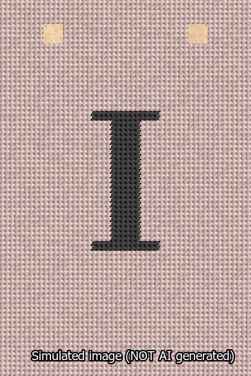 A simulated image of the stitched needlepoint design: Banner 13m Squared I Black on Pink. Not A.I. generated.