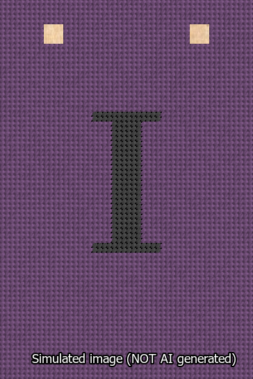 A simulated image of the stitched needlepoint design: Banner 13m Squared I Black on Purple. Not A.I. generated.