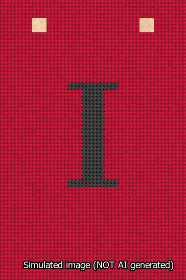 A simulated image of the stitched needlepoint design: Banner 13m Squared I Black on Red. Not A.I. generated.