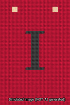 A simulated image of the stitched needlepoint design: Banner 13m Squared I Black on Red. Not A.I. generated.