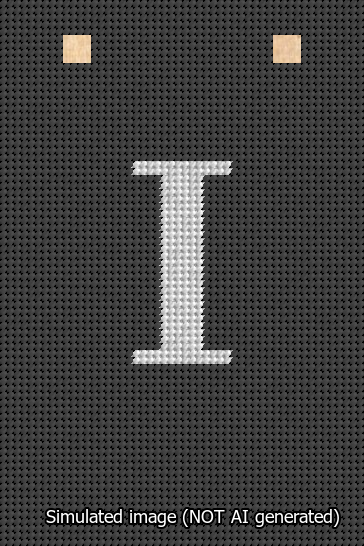 A simulated image of the stitched needlepoint design: Banner 13m Squared I White on Black. Not A.I. generated.