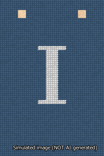 A simulated image of the stitched needlepoint design: Banner 13m Squared I White on Blue. Not A.I. generated.