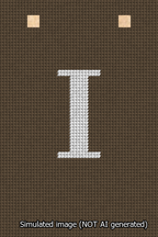 A simulated image of the stitched needlepoint design: Banner 13m Squared I White on Brown. Not A.I. generated.