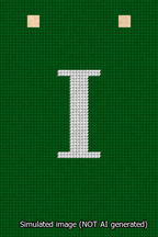 A simulated image of the stitched needlepoint design: Banner 13m Squared I White on Green. Not A.I. generated.