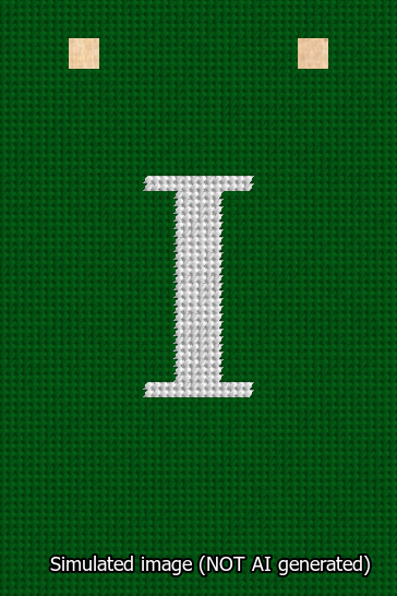 A simulated image of the stitched needlepoint design: Banner 13m Squared I White on Green. Not A.I. generated.