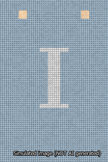 A simulated image of the stitched needlepoint design: Banner 13m Squared I White on Light Blue. Not A.I. generated.
