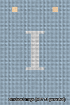 A simulated image of the stitched needlepoint design: Banner 13m Squared I White on Light Blue. Not A.I. generated.