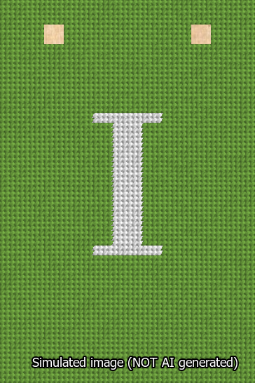 A simulated image of the stitched needlepoint design: Banner 13m Squared I White on Light Green. Not A.I. generated.