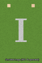 A simulated image of the stitched needlepoint design: Banner 13m Squared I White on Light Green. Not A.I. generated.