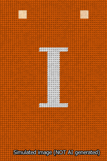A simulated image of the stitched needlepoint design: Banner 13m Squared I White on Orange. Not A.I. generated.