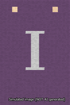 A simulated image of the stitched needlepoint design: Banner 13m Squared I White on Purple. Not A.I. generated.