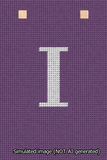 A simulated image of the stitched needlepoint design: Banner 13m Squared I White on Purple. Not A.I. generated.