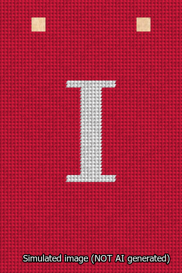 A simulated image of the stitched needlepoint design: Banner 13m Squared I White on Red. Not A.I. generated.
