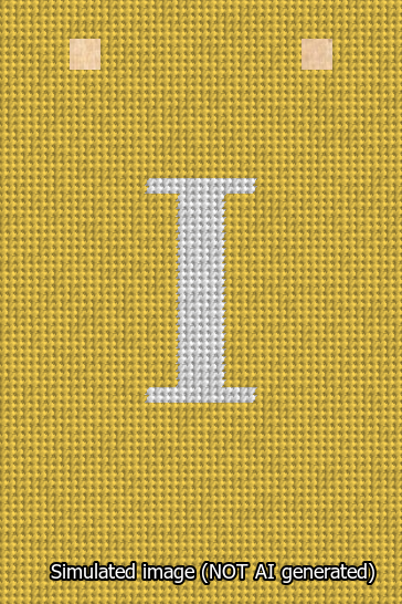 A simulated image of the stitched needlepoint design: Banner 13m Squared I White on Yellow. Not A.I. generated.