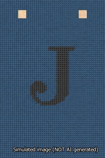 A simulated image of the stitched needlepoint design: Banner 13m Squared J Black on Blue. Not A.I. generated.