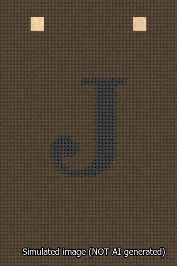 A simulated image of the stitched needlepoint design: Banner 13m Squared J Black on Brown. Not A.I. generated.