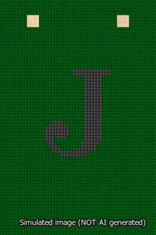 A simulated image of the stitched needlepoint design: Banner 13m Squared J Black on Green. Not A.I. generated.