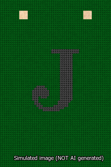 A simulated image of the stitched needlepoint design: Banner 13m Squared J Black on Green. Not A.I. generated.