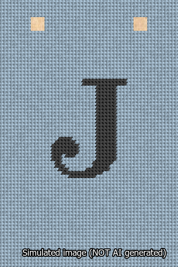 A simulated image of the stitched needlepoint design: Banner 13m Squared J Black on Light Blue. Not A.I. generated.