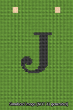 A simulated image of the stitched needlepoint design: Banner 13m Squared J Black on Light Green. Not A.I. generated.