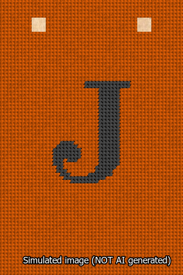 A simulated image of the stitched needlepoint design: Banner 13m Squared J Black on Orange. Not A.I. generated.