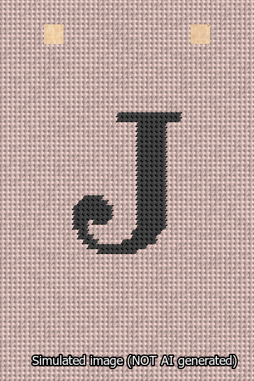 A simulated image of the stitched needlepoint design: Banner 13m Squared J Black on Pink. Not A.I. generated.