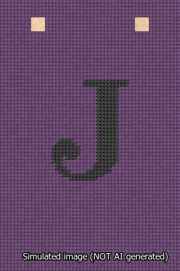 A simulated image of the stitched needlepoint design: Banner 13m Squared J Black on Purple. Not A.I. generated.
