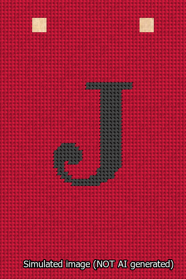 A simulated image of the stitched needlepoint design: Banner 13m Squared J Black on Red. Not A.I. generated.