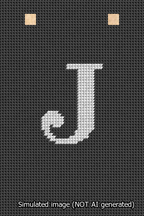 A simulated image of the stitched needlepoint design: Banner 13m Squared J White on Black. Not A.I. generated.