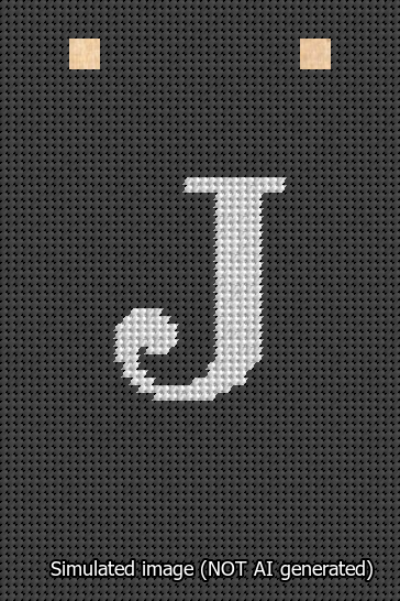 A simulated image of the stitched needlepoint design: Banner 13m Squared J White on Black. Not A.I. generated.