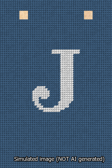 A simulated image of the stitched needlepoint design: Banner 13m Squared J White on Blue. Not A.I. generated.