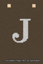A simulated image of the stitched needlepoint design: Banner 13m Squared J White on Brown. Not A.I. generated.