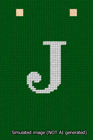 A simulated image of the stitched needlepoint design: Banner 13m Squared J White on Green. Not A.I. generated.