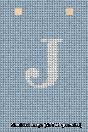 A simulated image of the stitched needlepoint design: Banner 13m Squared J White on Light Blue. Not A.I. generated.