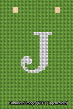 A simulated image of the stitched needlepoint design: Banner 13m Squared J White on Light Green. Not A.I. generated.