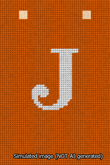 A simulated image of the stitched needlepoint design: Banner 13m Squared J White on Orange. Not A.I. generated.
