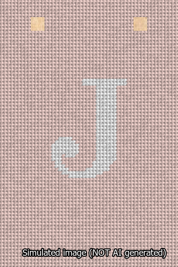 A simulated image of the stitched needlepoint design: Banner 13m Squared J White on Pink. Not A.I. generated.