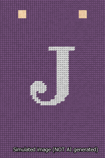 A simulated image of the stitched needlepoint design: Banner 13m Squared J White on Purple. Not A.I. generated.