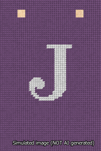 A simulated image of the stitched needlepoint design: Banner 13m Squared J White on Purple. Not A.I. generated.