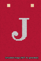 A simulated image of the stitched needlepoint design: Banner 13m Squared J White on Red. Not A.I. generated.