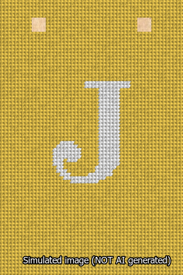 A simulated image of the stitched needlepoint design: Banner 13m Squared J White on Yellow. Not A.I. generated.