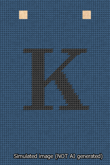 A simulated image of the stitched needlepoint design: Banner 13m Squared K Black on Blue. Not A.I. generated.