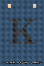 A simulated image of the stitched needlepoint design: Banner 13m Squared K Black on Blue. Not A.I. generated.