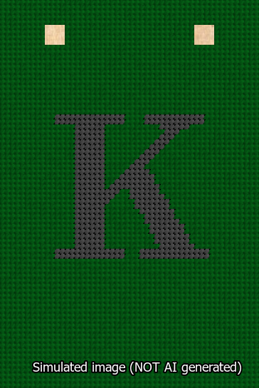 A simulated image of the stitched needlepoint design: Banner 13m Squared K Black on Green. Not A.I. generated.