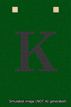 A simulated image of the stitched needlepoint design: Banner 13m Squared K Black on Green. Not A.I. generated.