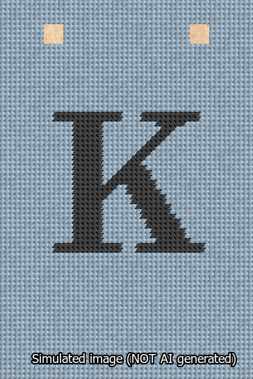 A simulated image of the stitched needlepoint design: Banner 13m Squared K Black on Light Blue. Not A.I. generated.