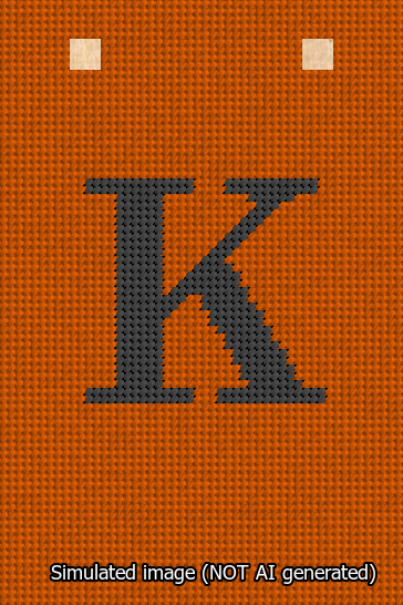 A simulated image of the stitched needlepoint design: Banner 13m Squared K Black on Orange. Not A.I. generated.