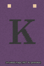 A simulated image of the stitched needlepoint design: Banner 13m Squared K Black on Purple. Not A.I. generated.